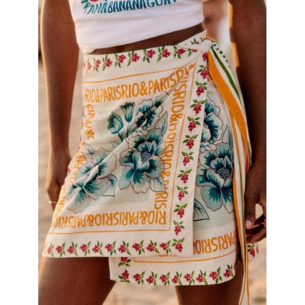 Women's Summer Floral Print Wrap Short Skirt Knot Side High Waist A Line Beach